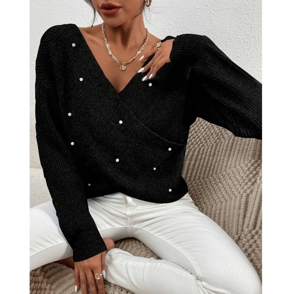 Luxe Faux Pearl Wrap Off Shoulder Sweater Top - Picture 5 of 7
